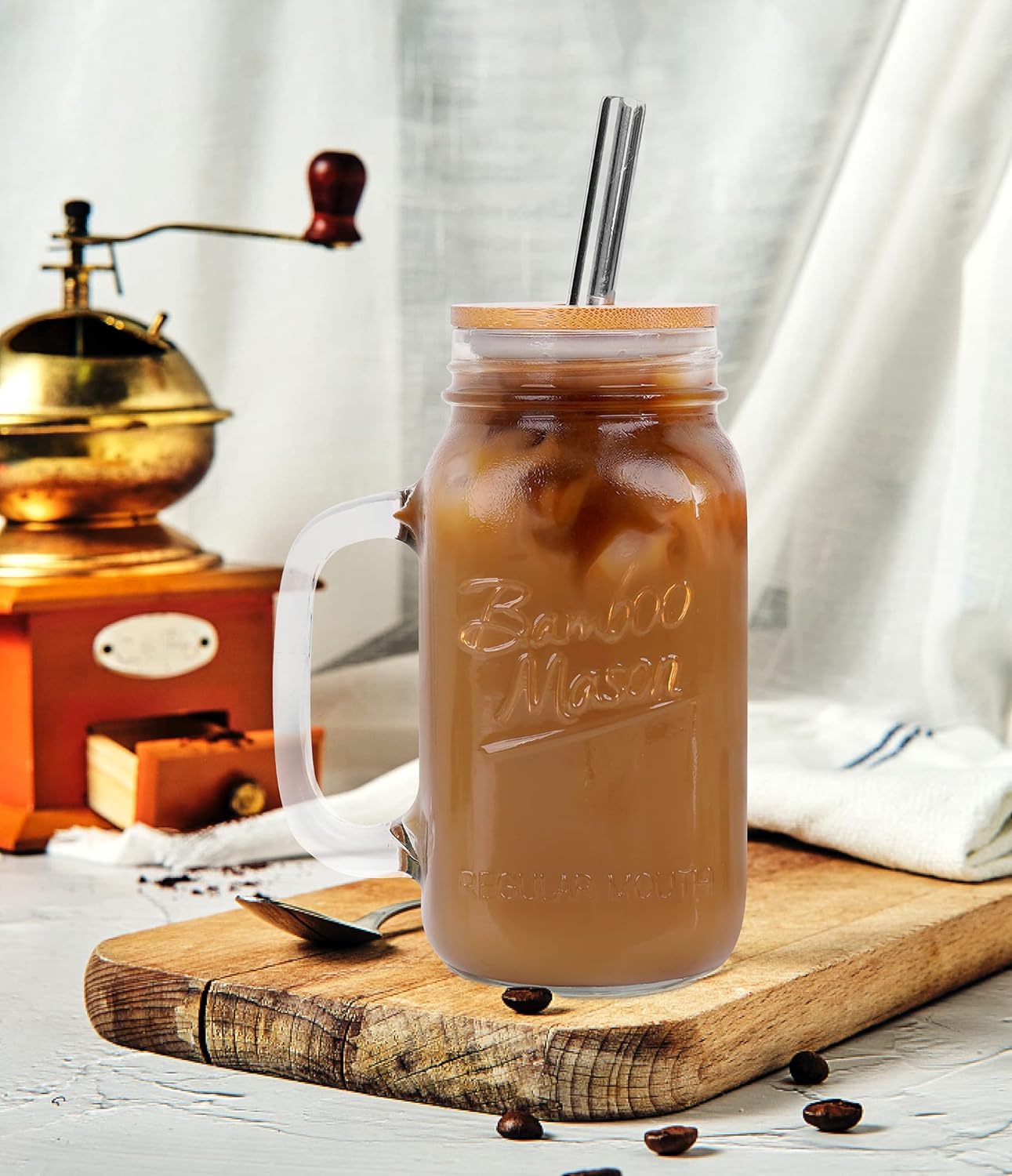 2-Pack Mason Jar Glass Cup Set with Bamboo Lids and Stainless Steel Straws – 24oz Vintage Handle Drinking Mugs for Iced Coffee, Juice & Milk Tea