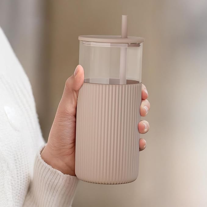 Matte Silicone Sleeve Glass Cup with Straw – Nordic Minimalist Reusable Tumbler, Heat-Resistant Borosilicate Glass with Silicone Lid