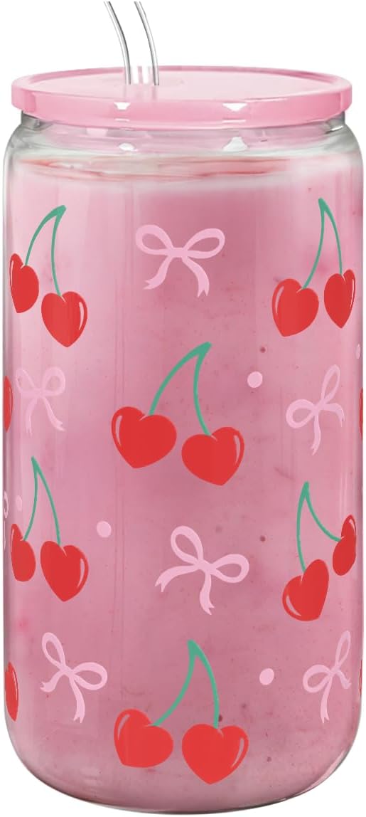 Cute Cherry Glass Cup with Straw – Pink Lid Reusable Juice and Milk Cup, Food-Grade Eco-Friendly Drink Glass with Cleaning Brush