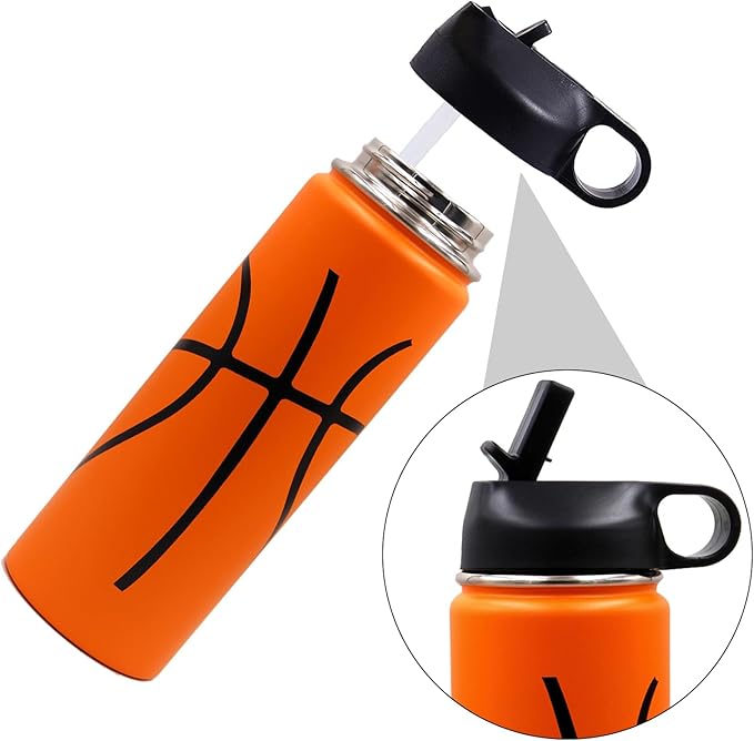 Basketball Design Stainless Steel Straw Water Bottle – Dual-Lid Insulated Sports Cup with Straw & Cleaning Brush – Leak-Proof Travel Bottle for Kids and Athletes