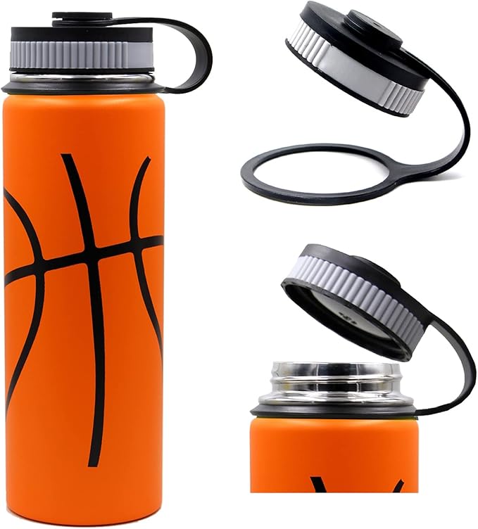 Basketball Design Stainless Steel Straw Water Bottle – Dual-Lid Insulated Sports Cup with Straw & Cleaning Brush – Leak-Proof Travel Bottle for Kids and Athletes