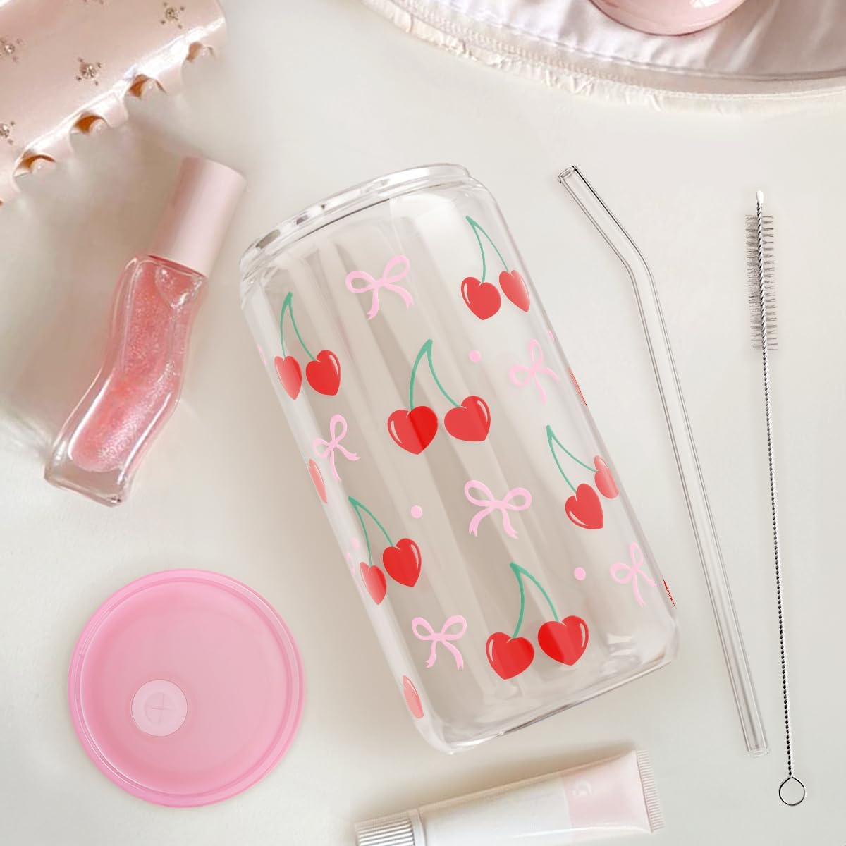 Cute Cherry Glass Cup with Straw – Pink Lid Reusable Juice and Milk Cup, Food-Grade Eco-Friendly Drink Glass with Cleaning Brush