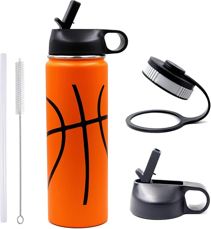 Basketball Design Stainless Steel Straw Water Bottle – Dual-Lid Insulated Sports Cup with Straw & Cleaning Brush – Leak-Proof Travel Bottle for Kids and Athletes