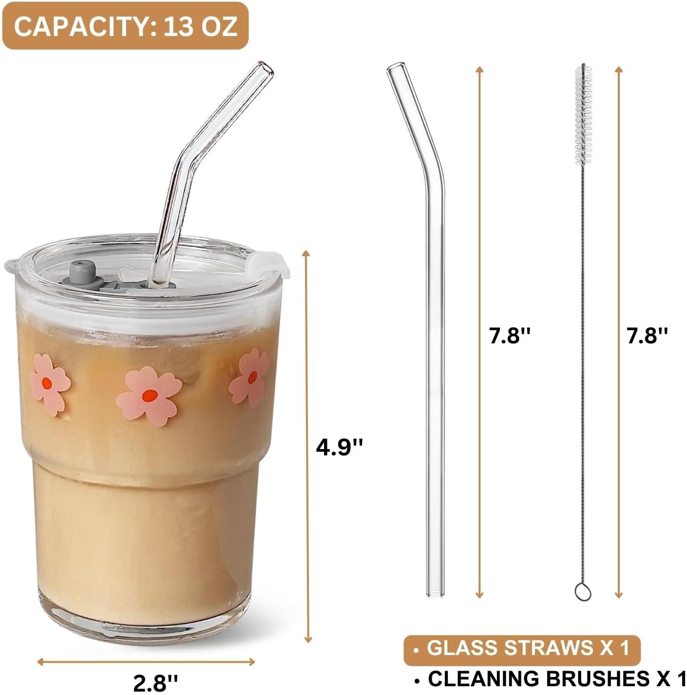 Cute Flower Glass Cup with Straw – 13oz Clear Drinking Cup with Lid, Reusable Glass Straw and Cleaning Brush for Juice, Milk, or Coffee
