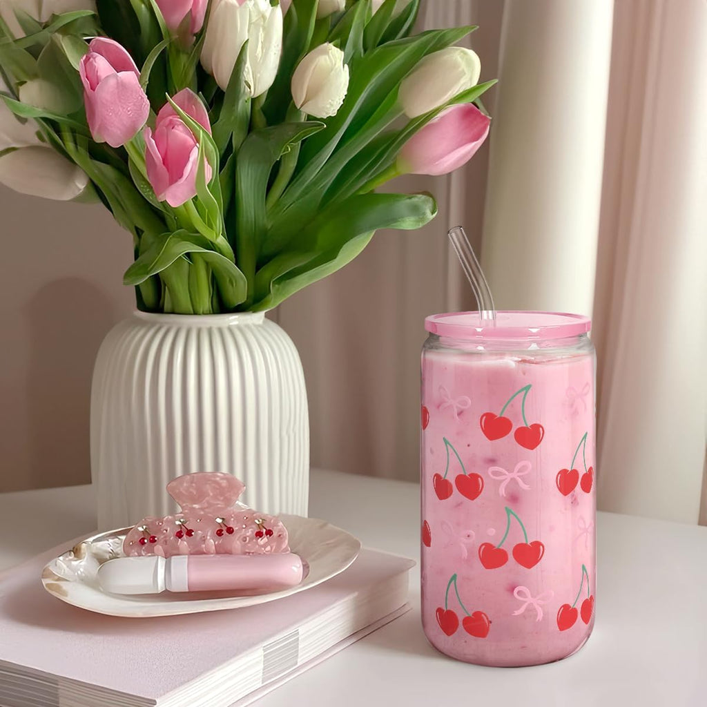 Cute Cherry Glass Cup with Straw – Pink Lid Reusable Juice and Milk Cup, Food-Grade Eco-Friendly Drink Glass with Cleaning Brush