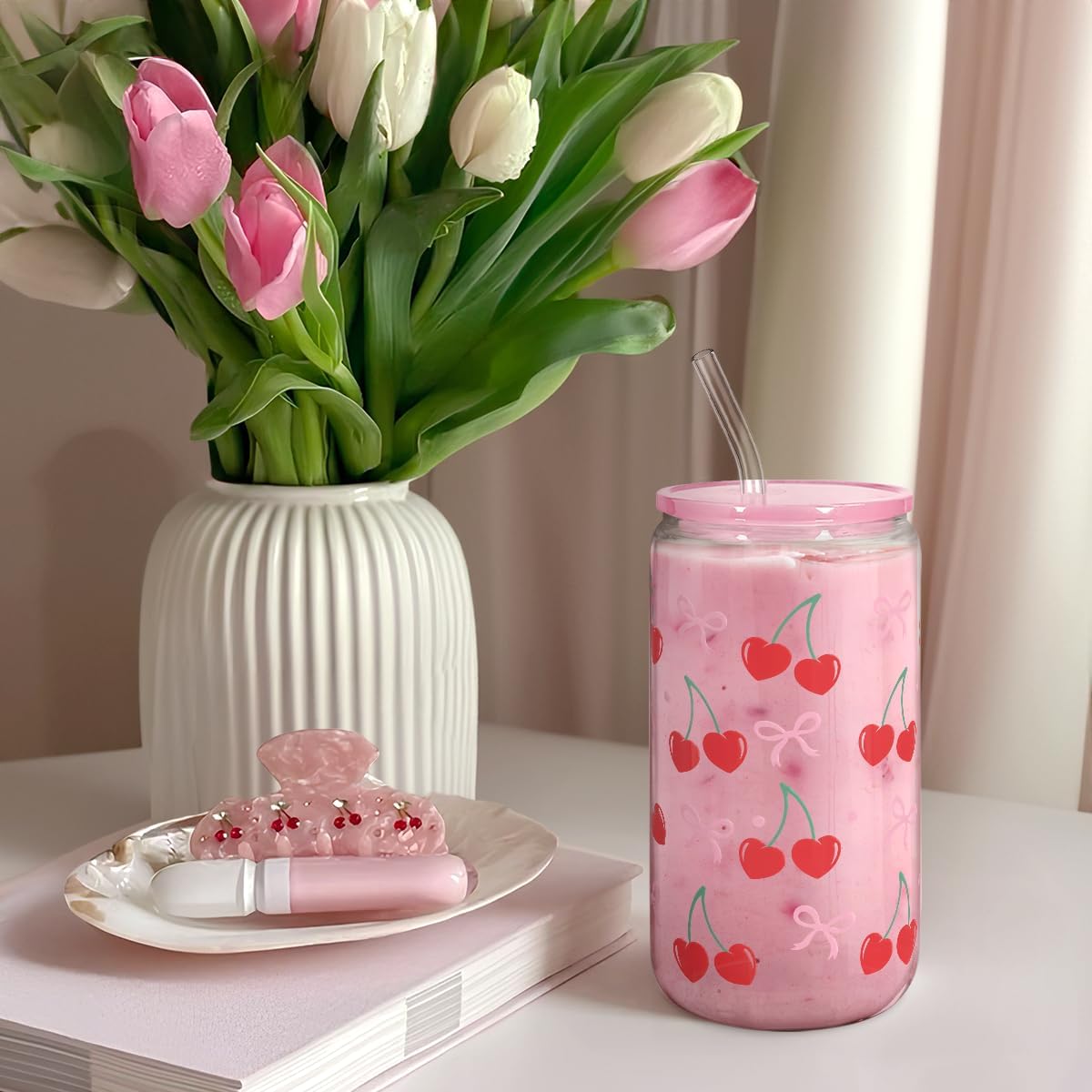 Cute Cherry Glass Cup with Straw – Pink Lid Reusable Juice and Milk Cup, Food-Grade Eco-Friendly Drink Glass with Cleaning Brush