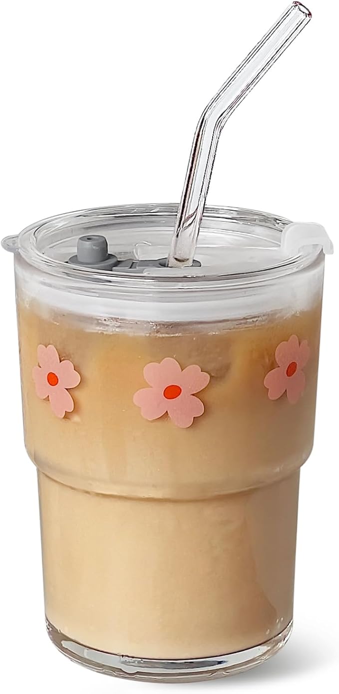 Cute Flower Glass Cup with Straw – 13oz Clear Drinking Cup with Lid, Reusable Glass Straw and Cleaning Brush for Juice, Milk, or Coffee