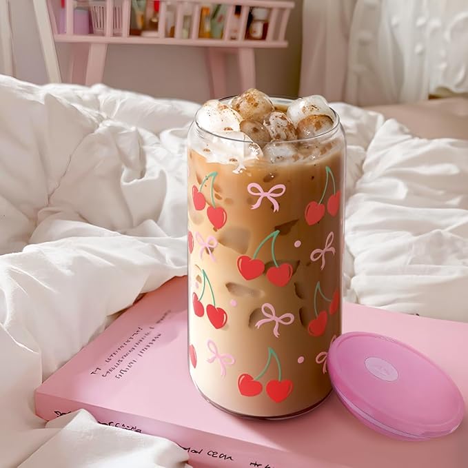 Cute Cherry Glass Cup with Straw – Pink Lid Reusable Juice and Milk Cup, Food-Grade Eco-Friendly Drink Glass with Cleaning Brush