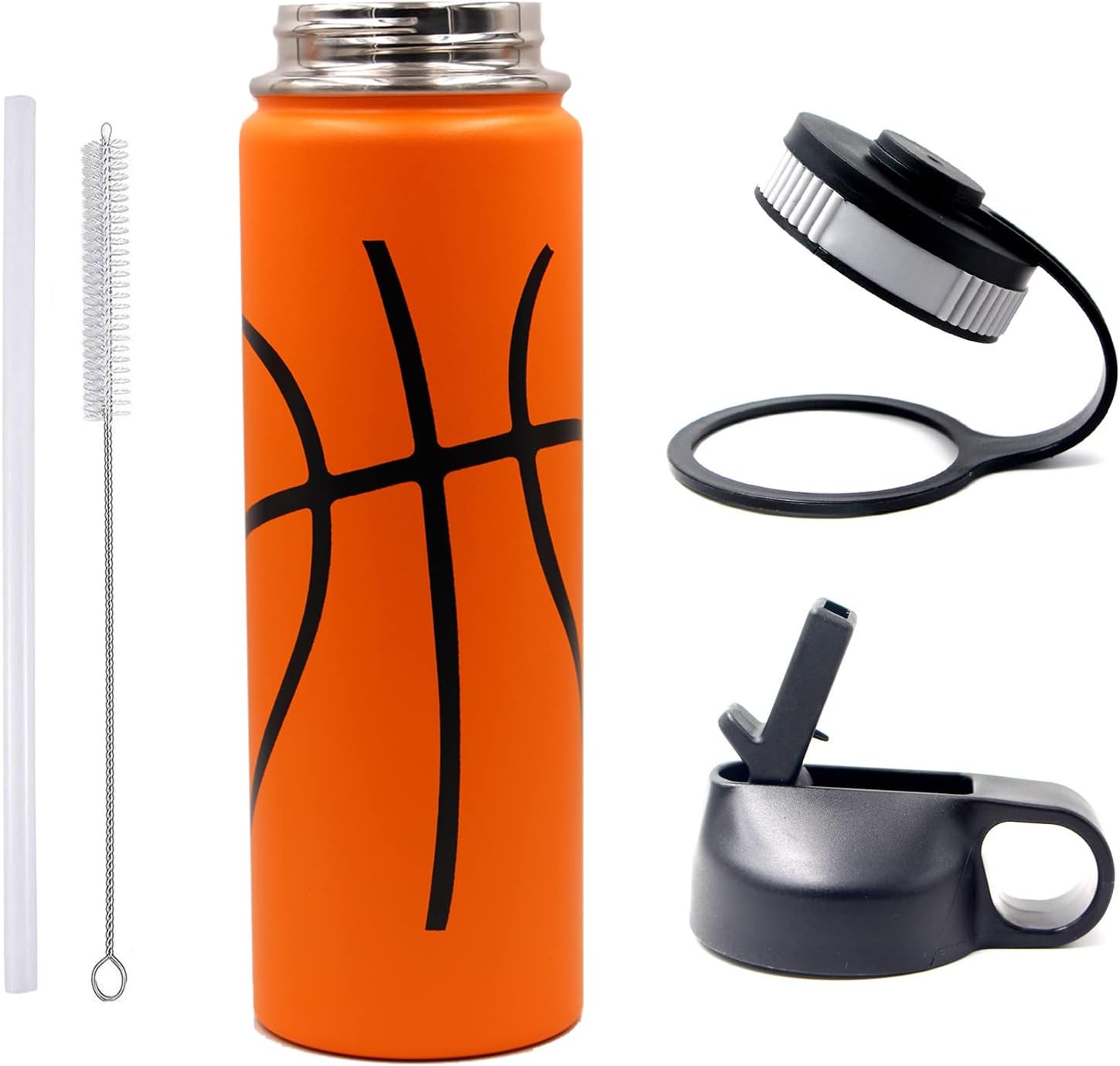 Basketball Design Stainless Steel Straw Water Bottle – Dual-Lid Insulated Sports Cup with Straw & Cleaning Brush – Leak-Proof Travel Bottle for Kids and Athletes
