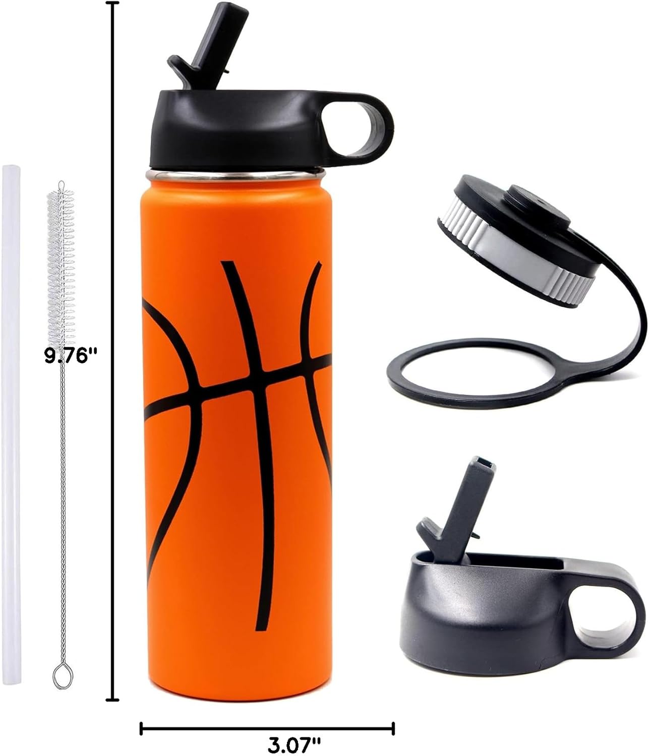 Basketball Design Stainless Steel Straw Water Bottle – Dual-Lid Insulated Sports Cup with Straw & Cleaning Brush – Leak-Proof Travel Bottle for Kids and Athletes