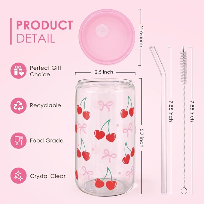 Cute Cherry Glass Cup with Straw – Pink Lid Reusable Juice and Milk Cup, Food-Grade Eco-Friendly Drink Glass with Cleaning Brush
