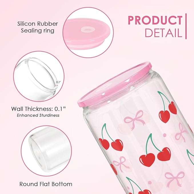 Cute Cherry Glass Cup with Straw – Pink Lid Reusable Juice and Milk Cup, Food-Grade Eco-Friendly Drink Glass with Cleaning Brush