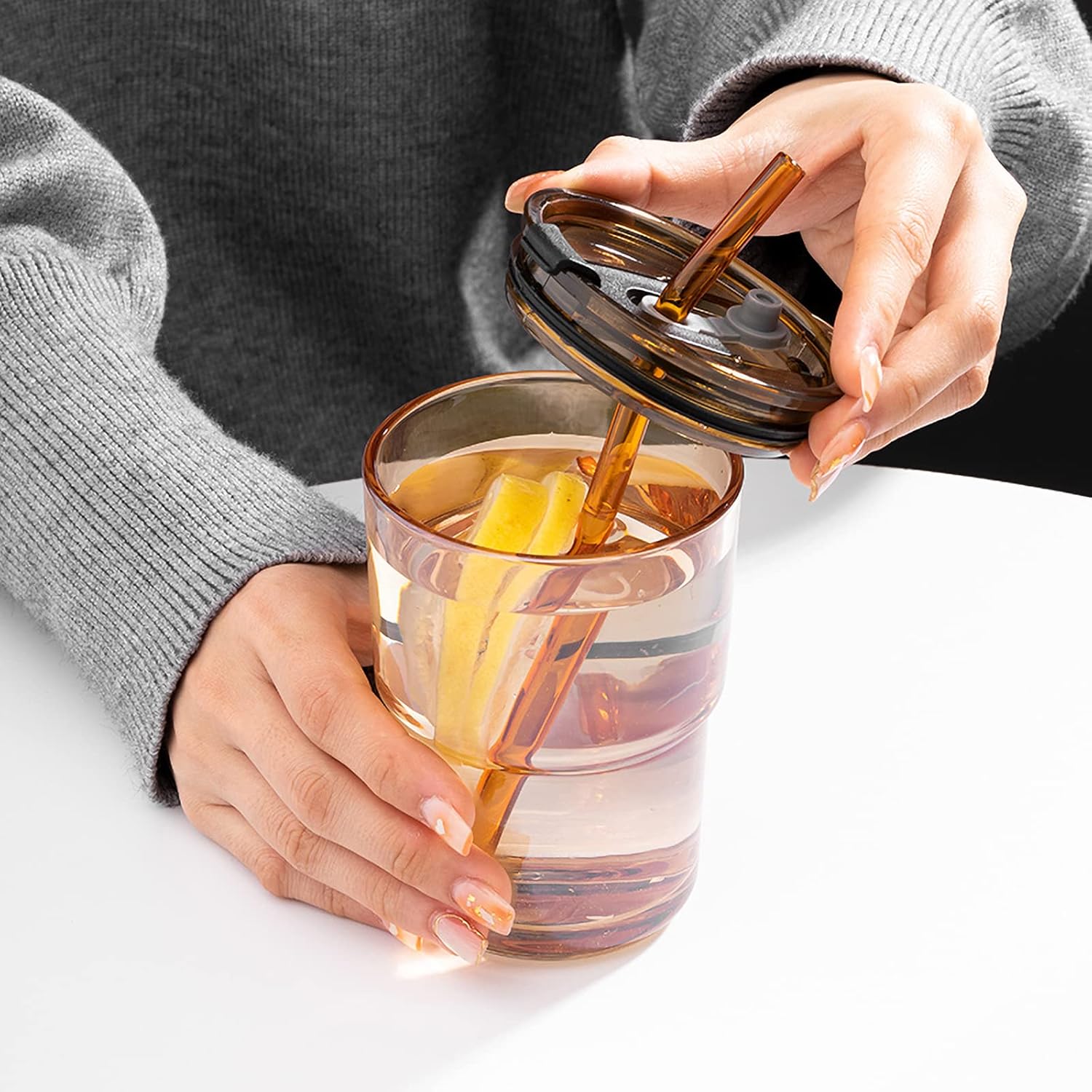 Amber Double-Wall Glass Cup with Straw – Heat-Resistant Leak-Proof Coffee and Tea Cup, Elegant Transparent Tumbler for Hot & Cold Drinks
