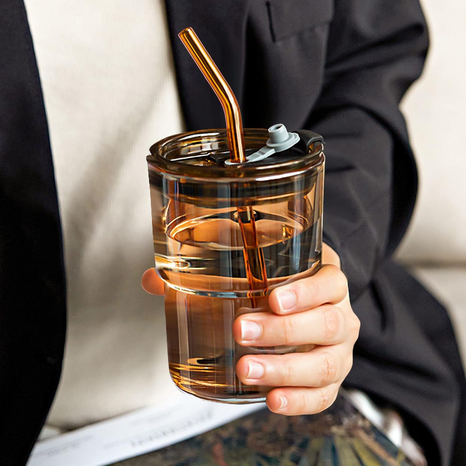 Amber Double-Wall Glass Cup with Straw – Heat-Resistant Leak-Proof Coffee and Tea Cup, Elegant Transparent Tumbler for Hot & Cold Drinks