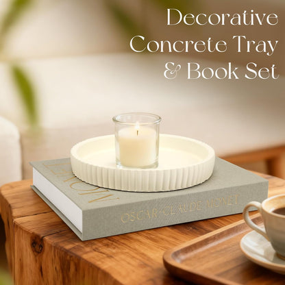 Decorative Concrete Tray & Book Set - Home Decor Scalloped Tray & Linen Storage Box for Coffee Table, Bookshelf, or Dining Room - Modern & Functional Housewarming Gift (Green+Beige)