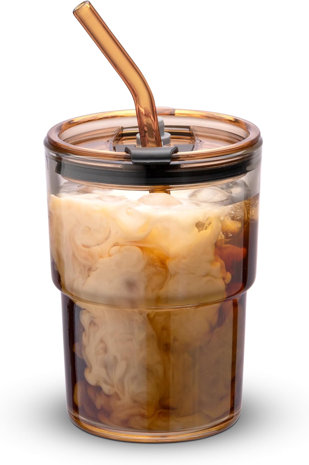Amber Double-Wall Glass Cup with Straw – Heat-Resistant Leak-Proof Coffee and Tea Cup, Elegant Transparent Tumbler for Hot & Cold Drinks
