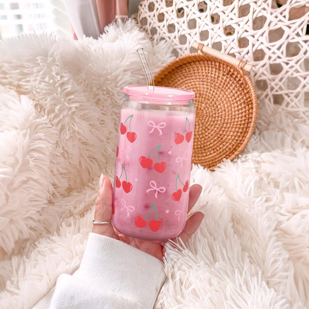 Cute Cherry Glass Cup with Straw – Pink Lid Reusable Juice and Milk Cup, Food-Grade Eco-Friendly Drink Glass with Cleaning Brush