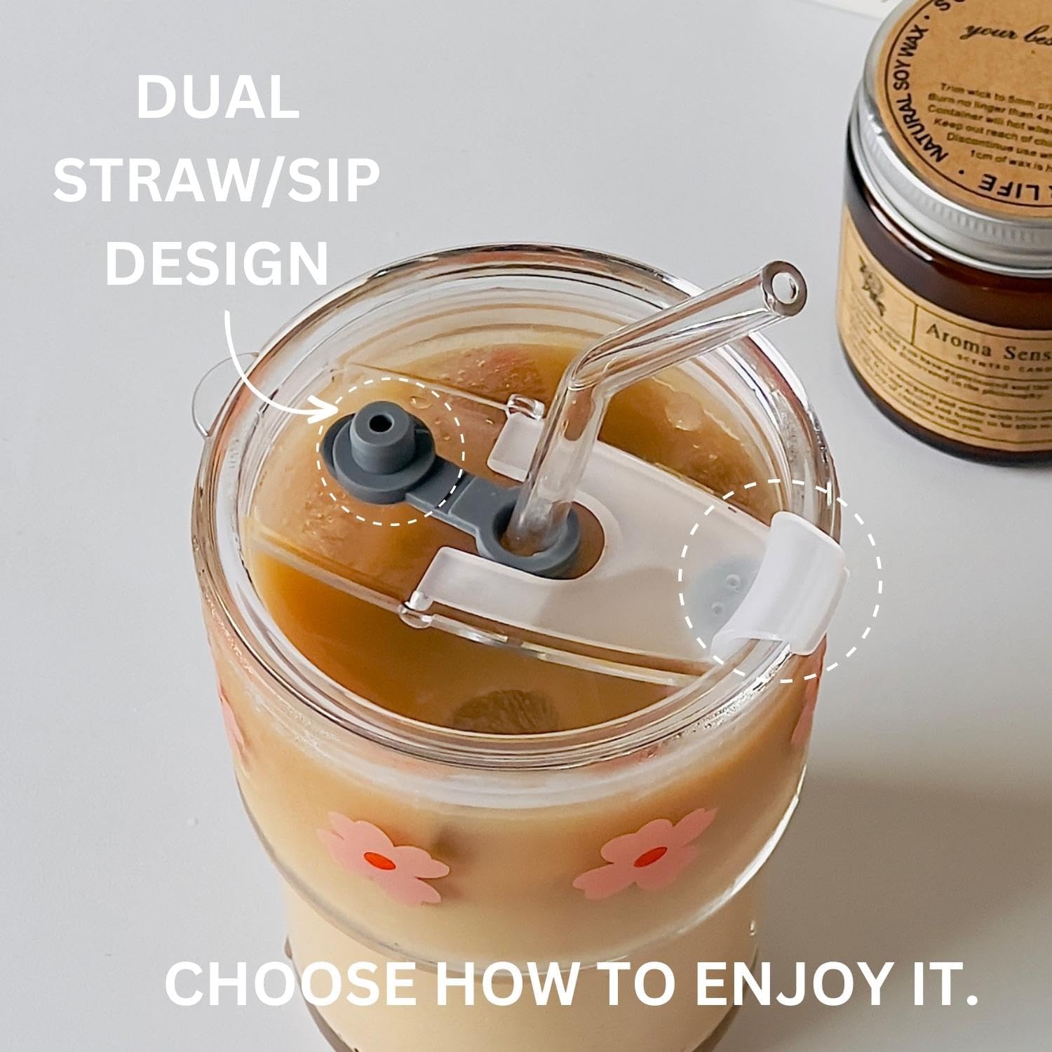 Cute Flower Glass Cup with Straw – 13oz Clear Drinking Cup with Lid, Reusable Glass Straw and Cleaning Brush for Juice, Milk, or Coffee