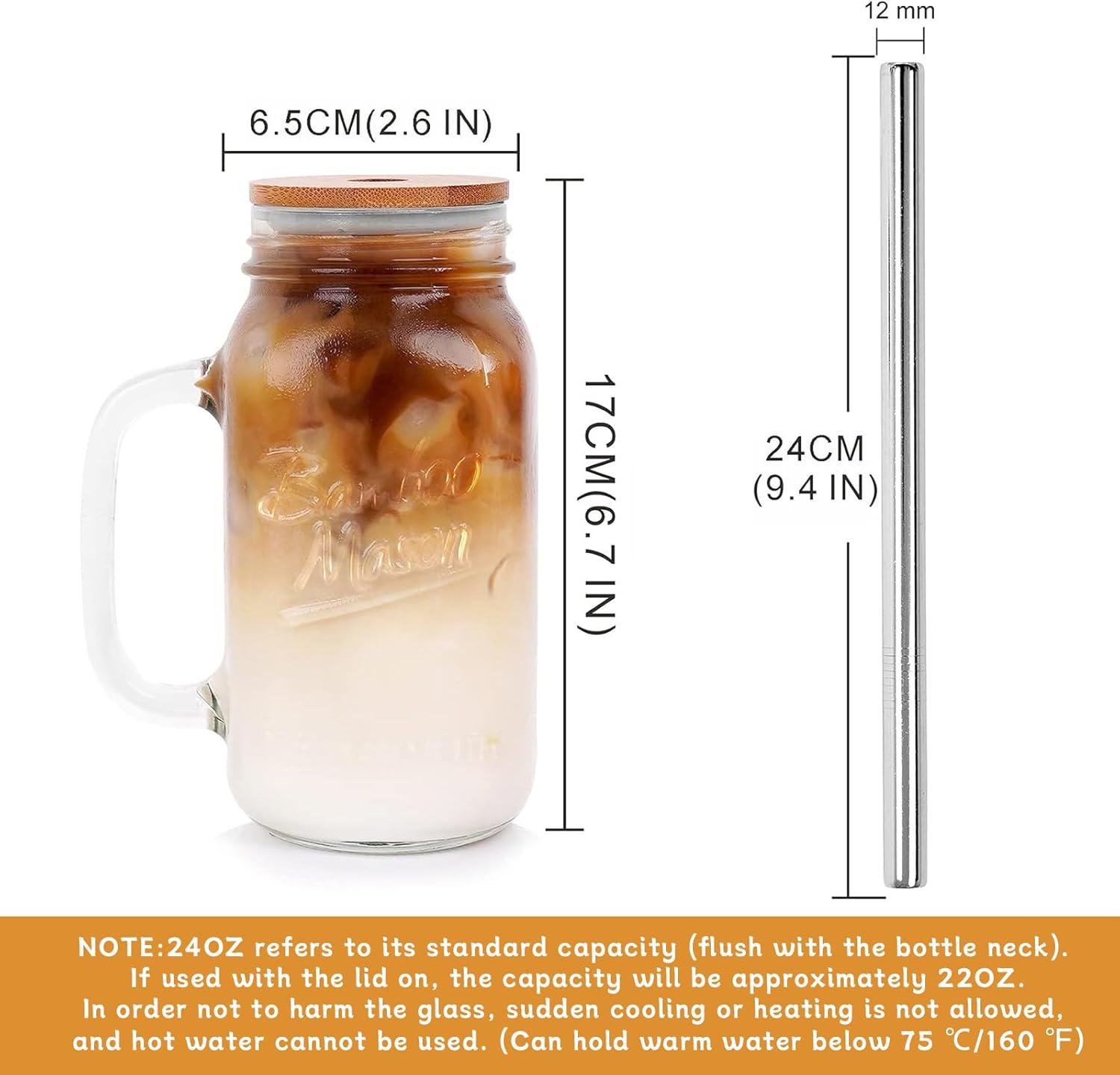 2-Pack Mason Jar Glass Cup Set with Bamboo Lids and Stainless Steel Straws – 24oz Vintage Handle Drinking Mugs for Iced Coffee, Juice &amp; Milk Tea