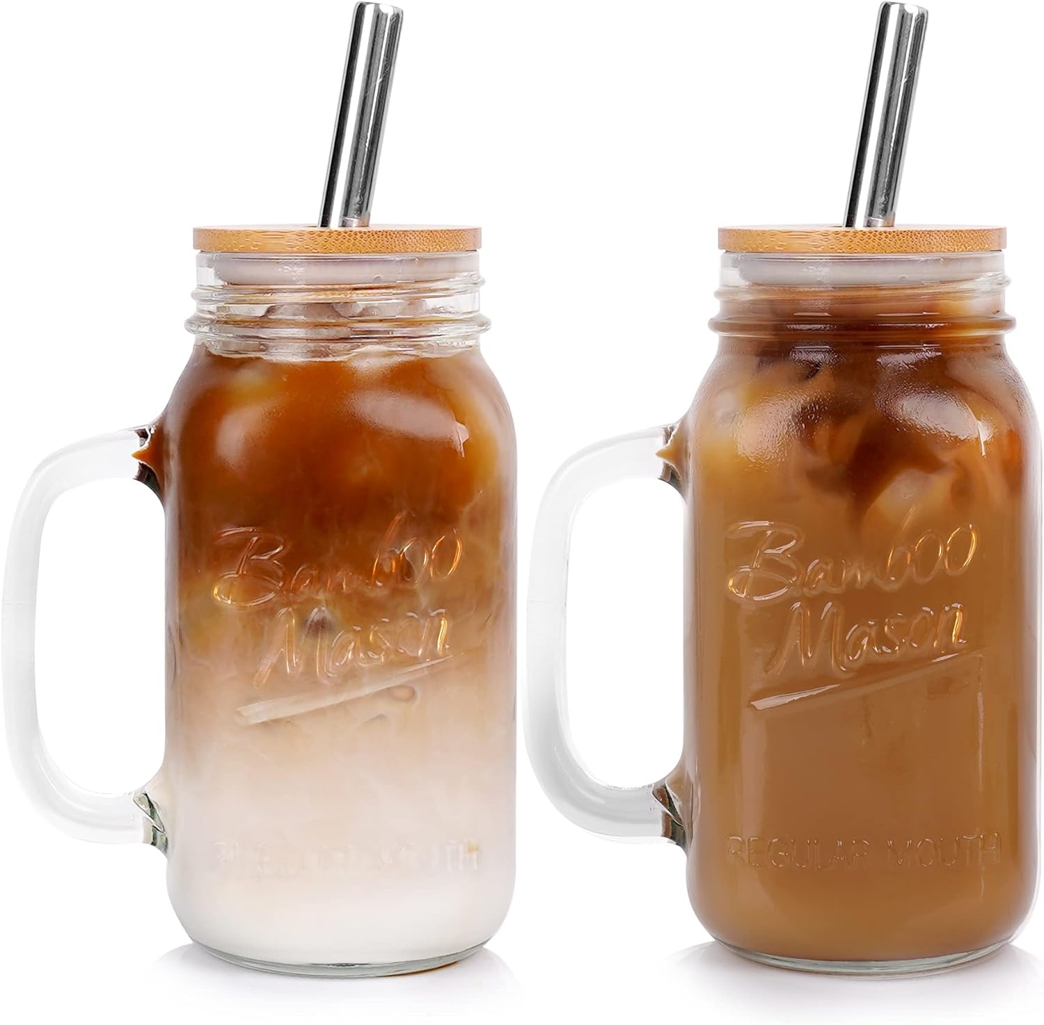 2-Pack Mason Jar Glass Cup Set with Bamboo Lids and Stainless Steel Straws – 24oz Vintage Handle Drinking Mugs for Iced Coffee, Juice &amp; Milk Tea