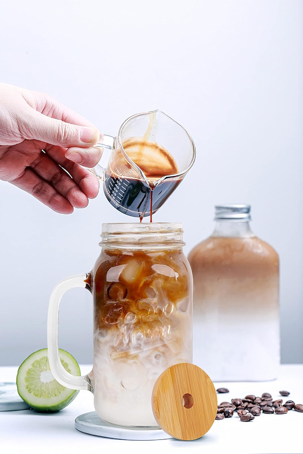 2-Pack Mason Jar Glass Cup Set with Bamboo Lids and Stainless Steel Straws – 24oz Vintage Handle Drinking Mugs for Iced Coffee, Juice &amp; Milk Tea