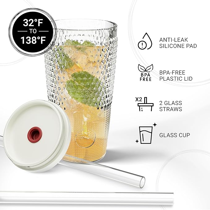 Diamond-Pattern Glass Cup with Straw – Leak-Proof Transparent Cold Drink Cup, Heat-Resistant Juice & Coffee Tumbler with Glass Straw and Lid