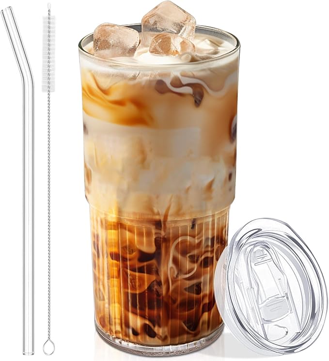 15oz Clear Glass Cup with Straw and Leak-Proof Lid – Dual Drinking Design Reusable Cup for Water, Coffee, Juice, or Tea