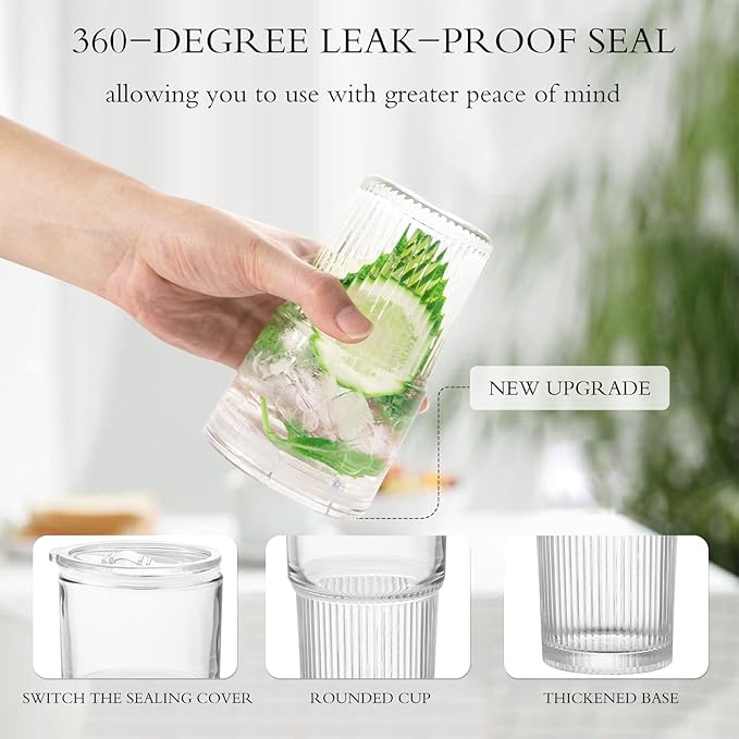 15oz Clear Glass Cup with Straw and Leak-Proof Lid – Dual Drinking Design Reusable Cup for Water, Coffee, Juice, or Tea
