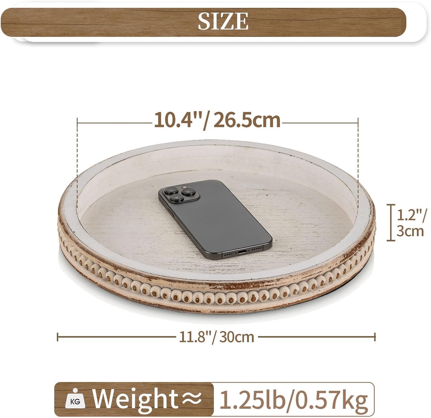 Round Wooden Decorative Tray: White Washed Bead Tray Decor for Coffee Table Centerpiece Rustic Farmhouse Tray for Kitchen Counter Living Room