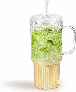 32oz Large Glass Cup with Handle and Straw – High Borosilicate Heat-Resistant Drinking Glass with Lid, Textured Design for Coffee, Juice, or Tea