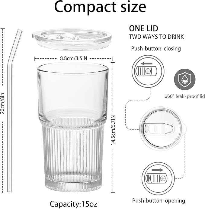 15oz Clear Glass Cup with Straw and Leak-Proof Lid – Dual Drinking Design Reusable Cup for Water, Coffee, Juice, or Tea