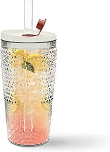 Diamond-Pattern Glass Cup with Straw – Leak-Proof Transparent Cold Drink Cup, Heat-Resistant Juice & Coffee Tumbler with Glass Straw and Lid