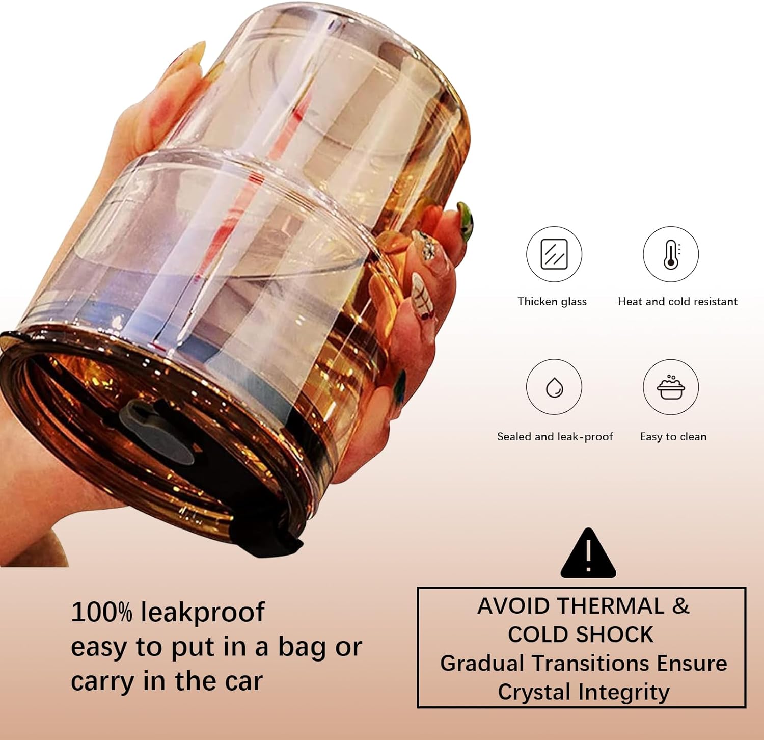 Amber Double-Wall Glass Cup with Straw – Heat-Resistant Leak-Proof Coffee and Tea Cup, Elegant Transparent Tumbler for Hot & Cold Drinks
