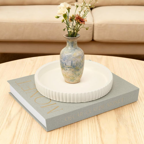 Decorative Concrete Tray & Book Set - Home Decor Scalloped Tray & Linen Storage Box for Coffee Table, Bookshelf, or Dining Room - Modern & Functional Housewarming Gift (Green+Beige)
