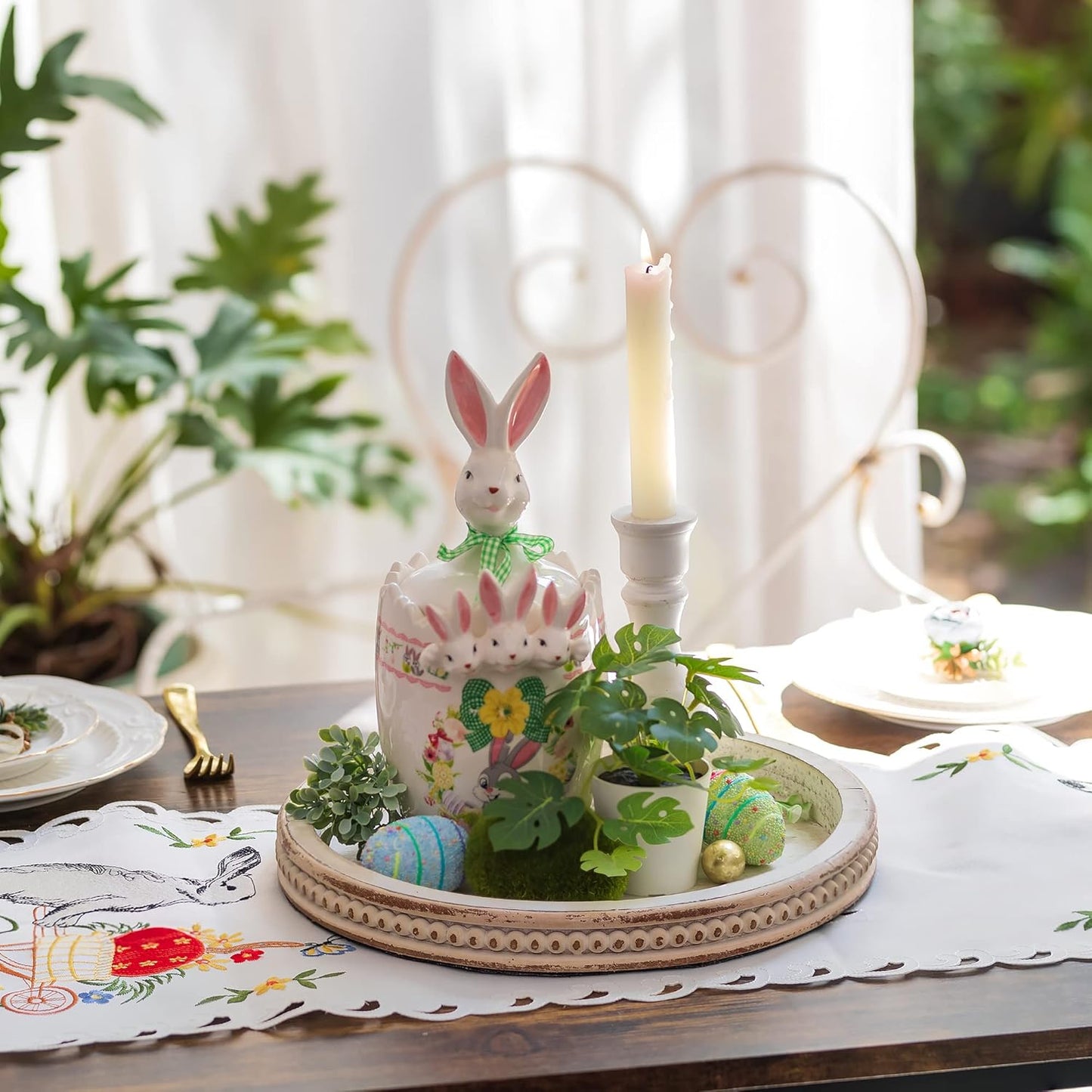 Round Wooden Decorative Tray: White Washed Bead Tray Decor for Coffee Table Centerpiece Rustic Farmhouse Tray for Kitchen Counter Living Room