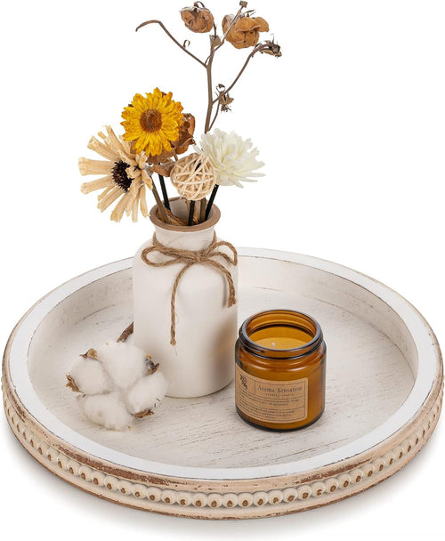 Round Wooden Decorative Tray: White Washed Bead Tray Decor for Coffee Table Centerpiece Rustic Farmhouse Tray for Kitchen Counter Living Room