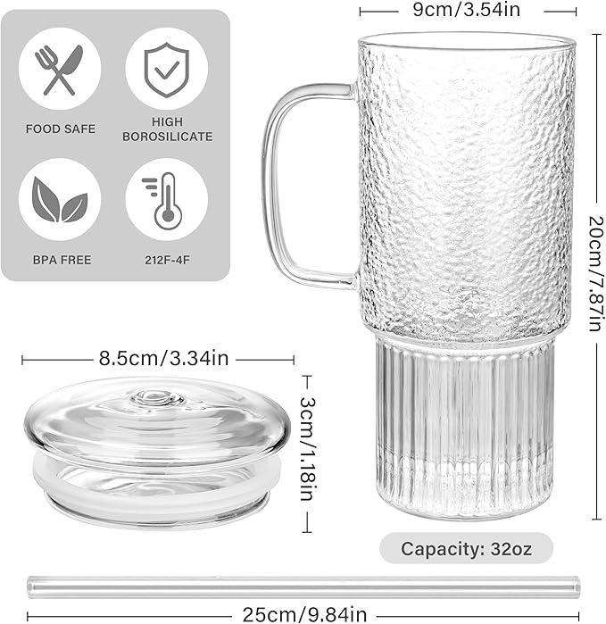 32oz Large Glass Cup with Handle and Straw – High Borosilicate Heat-Resistant Drinking Glass with Lid, Textured Design for Coffee, Juice, or Tea