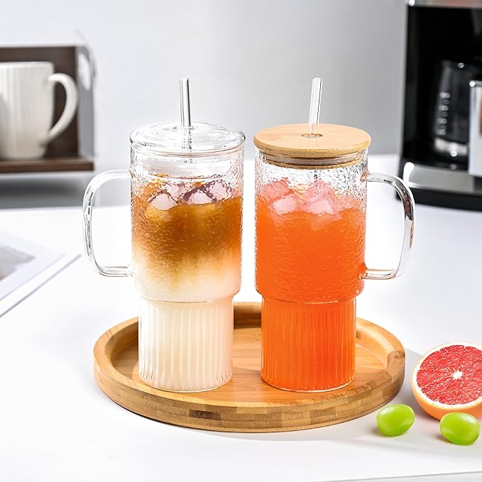 32oz Large Glass Cup with Handle and Straw – High Borosilicate Heat-Resistant Drinking Glass with Lid, Textured Design for Coffee, Juice, or Tea