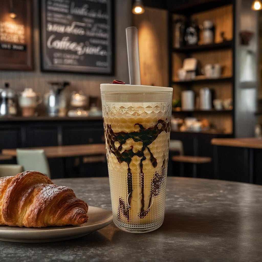 Diamond-Pattern Glass Cup with Straw – Leak-Proof Transparent Cold Drink Cup, Heat-Resistant Juice & Coffee Tumbler with Glass Straw and Lid
