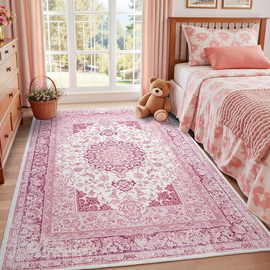 5x7 Bright Pink Area Rug for Living Room, Machine Washable Rugs with Non-Slip Backing for Girls Bedroom, Cute Vintage Carpet for Kitchen Laundry Kids Room