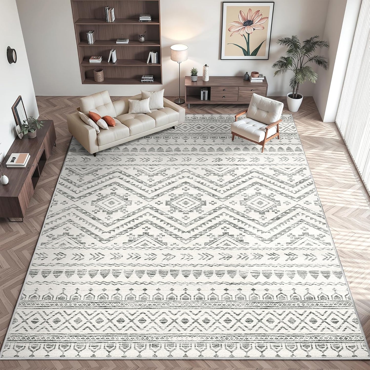 8x10 Area Rug for Living Room Moroccan Washable Rugs Non Slip Indoor Floor Carpet Foldable Large Soft Area Rug for Dining Room Bedroom with Low Pile(Grey,8'x10')